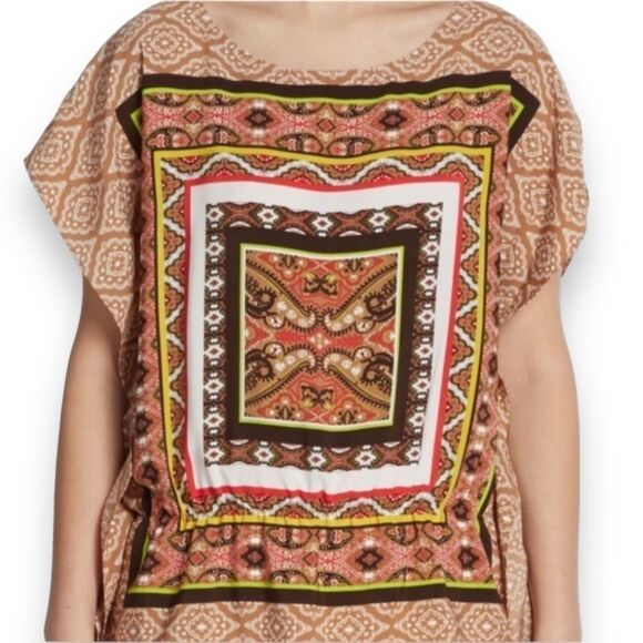 Tan Multicolor Abstract Print Short Sleeve NEW - Picture 3 of 4